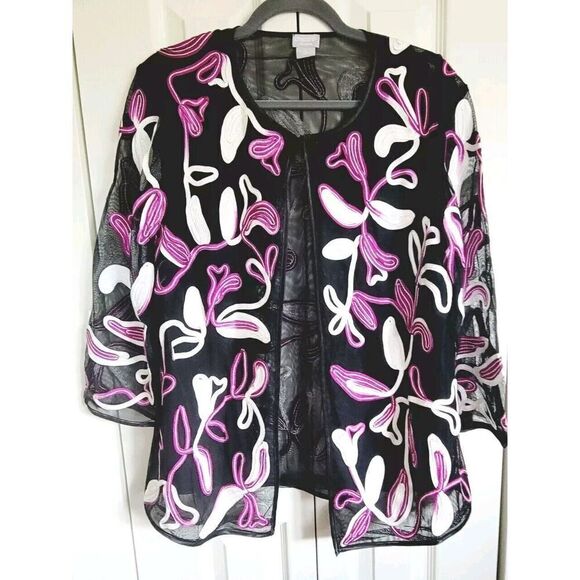 Chico's 1 Mesh Floral Embroidered Jackets‎ Size Medium Purple Black White - Picture 1 of 7